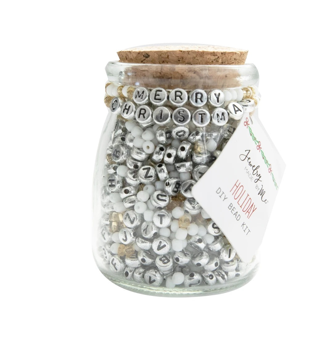 Christmas Bead Kit Jar Silver Alphabet and Gold and White Beads