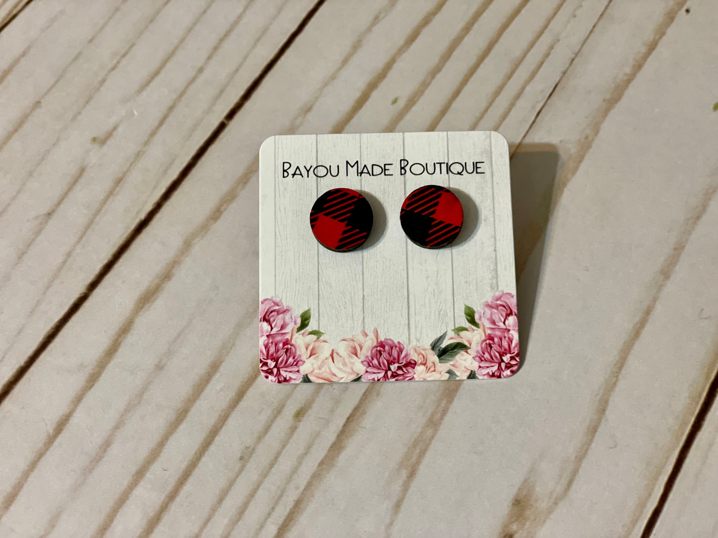 Buffalo plaid wood stud earrings