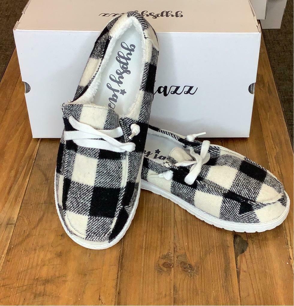 Ladies Gypsy Jazz Riley Sherpa Lined Shoes - Black Buffalo Plaid